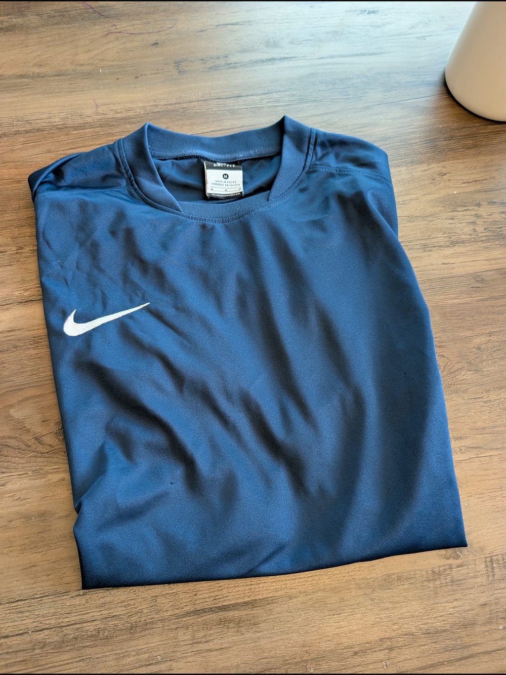 Nike Men's Navy Blue Crew Neck Athletic Shirt with White Swoosh